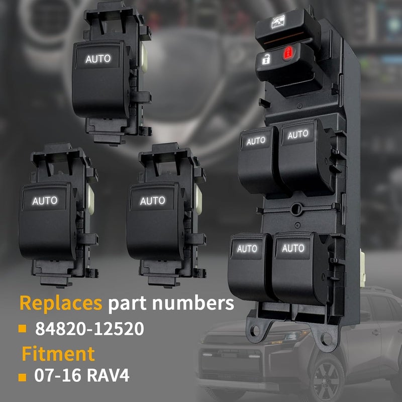 BELGEMAY Power Window Master Switch with Auto-Up/Down & White Backlight - Compatible with 2007-2012 RAV4 (Part 84820-12520) Plug & Play, Includes Pry Tool - Image 2